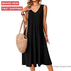 Sleeveless Midi Pleated Sundress with Pockets, V-Neck A-Line Swing Dress